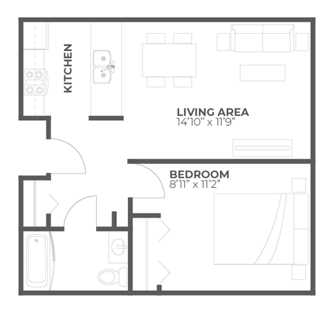 Floor plan for 1 bed, 1 bath, 576 sqft